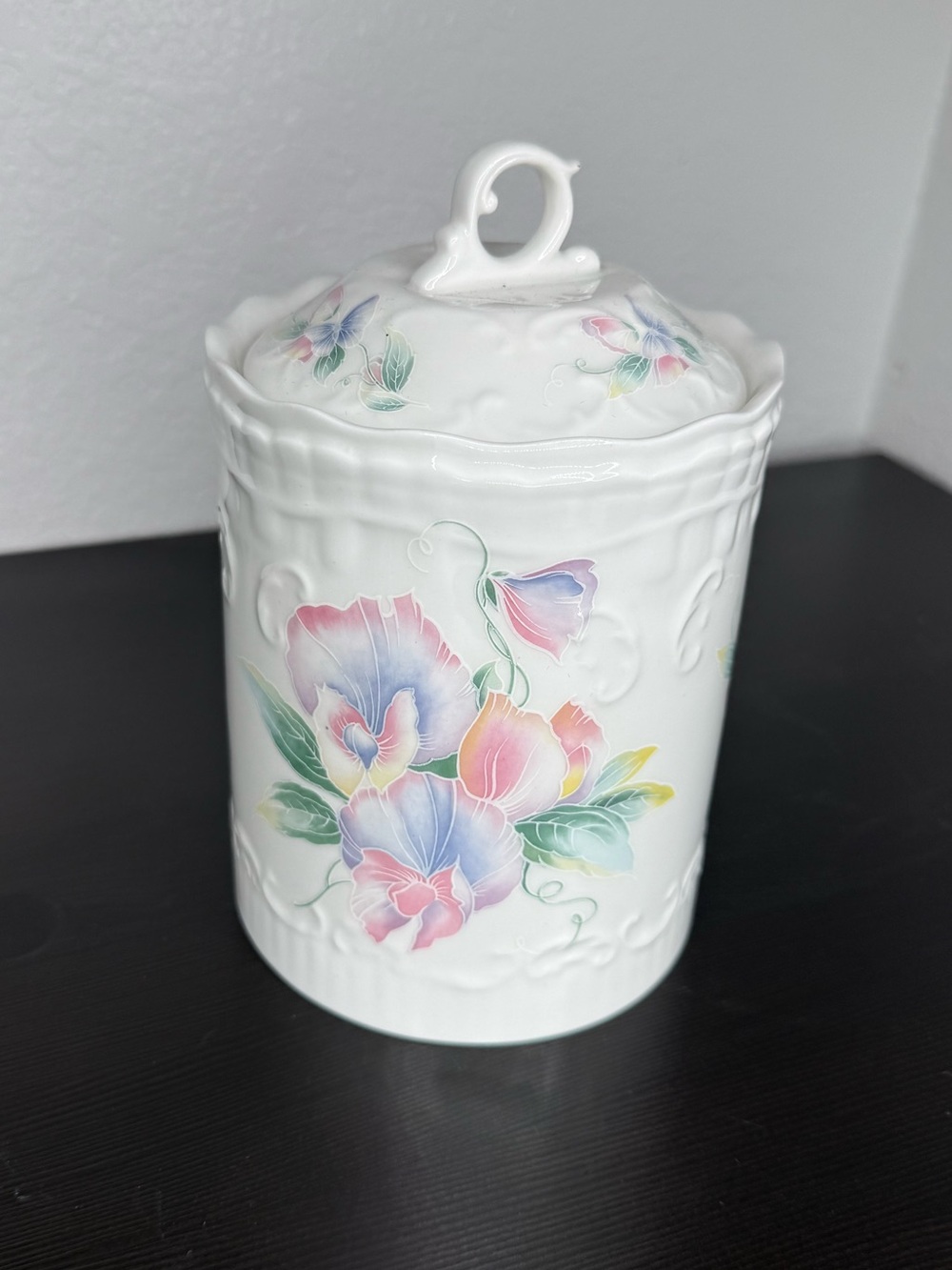 White Floral Ceramic Canister with Pastel Pink and Blue Flowers